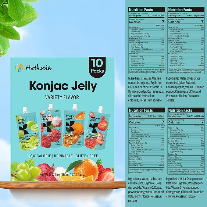 Hethstia Konjac Jelly Collagen Peptides Various Flavors and Konjac Jelly-Mango Flavor Drinkable Snack 10-Pack Squeeze Pouches