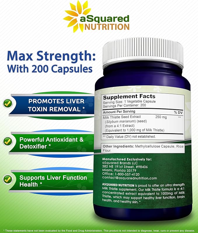 aSquared Nutrition Milk Thistle Supplement - 200 Capsules Max Strength 4X Concentrated Extract 4:1 Milk Thistle Seed Powder Herb Pills Silymarin Extract for Liver Support Cleanse Detox