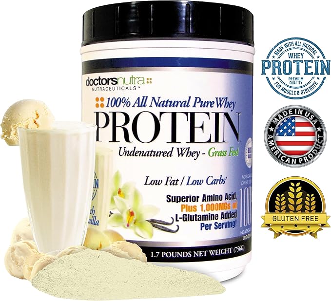 100% Pure Undenatured Grass Fed Whey Protein Low Carb Low Fat - Rich Vanilla Flavor No Artificial Sweeteners or Flavors Ultrafiltered with 1000 mg Added L-Glutamine