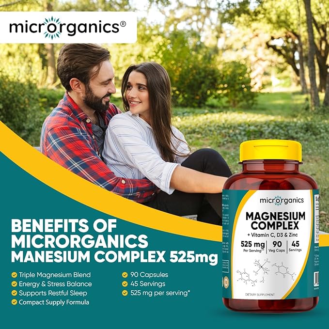 Magnesium Complex with Vitamin C D3 &amp Zinc – 525 mg per Serving from Citrate Malate &amp Glycinate – Supports Energy Muscle &amp Bone Health – 90 Vegan Capsules 45 Servings