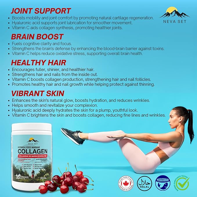 HYDROLYZED Marine Collagen with HYALURONIC Acid &amp Vitamin C – 350g/70 Scoops from NevaSet with Delicious Natural Cherry Flavour. Supports Joints Hair Skin Bones Muscles and Cognitive Functio