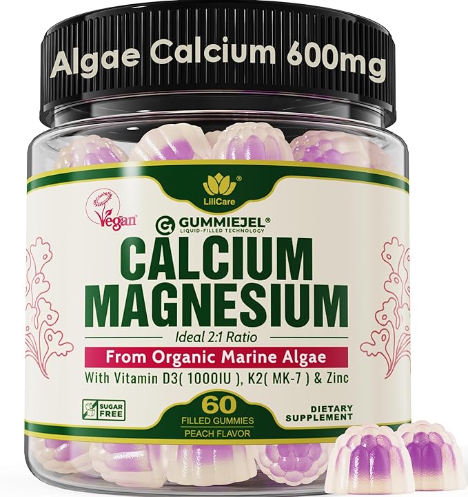 Plant Based Calcium Gummies 600mg with Vitamin D3 K2 Magnesium Zinc for Bone Strength Sugar Free Calcium Supplements for Women &amp Men (Certified Vegan) from Sustainably Organic Red Algae - 60 Co