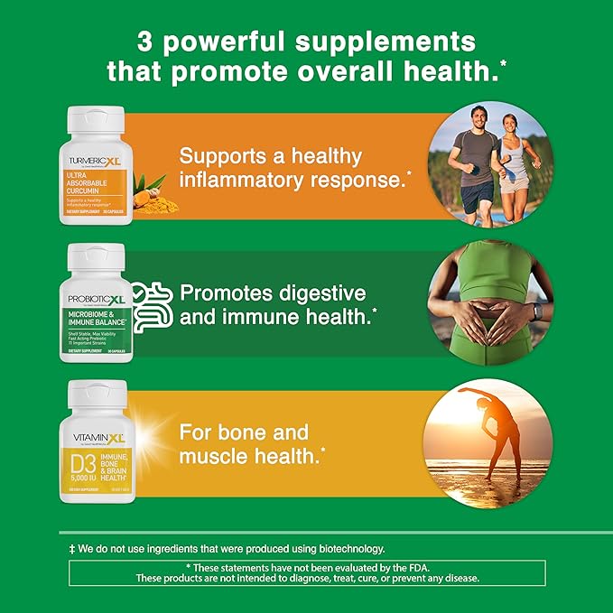 TrioXL - 3 Powerful Supplements That Promote a Strong Immune System Includes TumericXL VitaminXL D3 &amp ProbioticXL Gluten-Free Immune Booster 3-30 Count