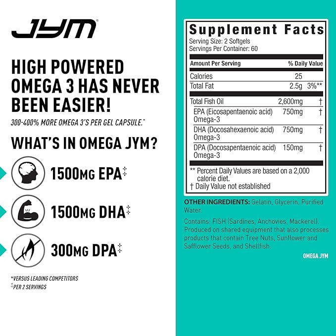 JYM Supplement Science Omega JYM Fish Oil 2800mg High Potency Omega 3 EPA DHA DPA for Brain Heart &amp Joint Support 120 Soft Gels