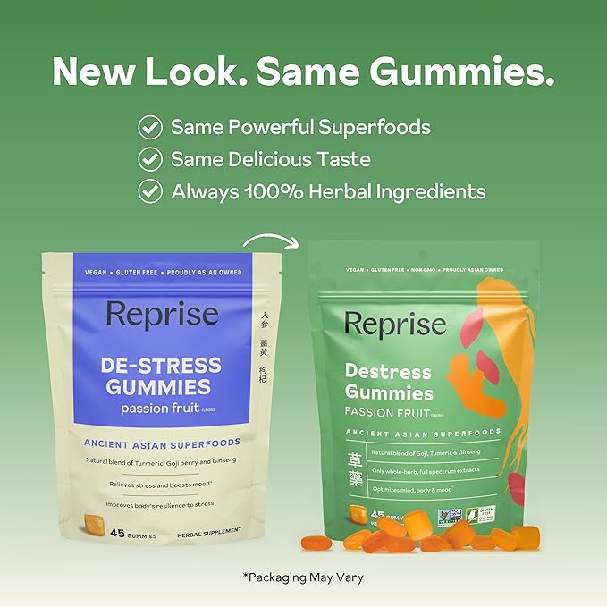 De-Stress Gummies with American Ginseng Turmeric and Goji - Assist with Stress Relief &amp Mood Boost All-Natural Relaxation Low-Sugar 45 Vegan Gummies Passion Fruit (Pack of 1)