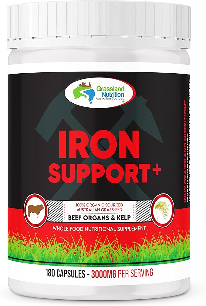 GRASSLAND NUTRITION 100% Organic Australian: Iron Support Beef Organ Blend and Spleen - High in Iron B12 Iodine (180 Capsules)