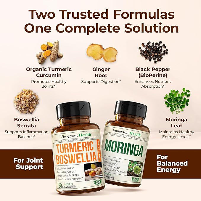 Boswellia Turmeric Curcumin Supplement + Moringa Capsules Bundle – Supports Joint Health Balanced Energy &amp Healthy Metabolism – with Ginger Root Organic Turmeric Powder and 100% Pure Moringa Pow