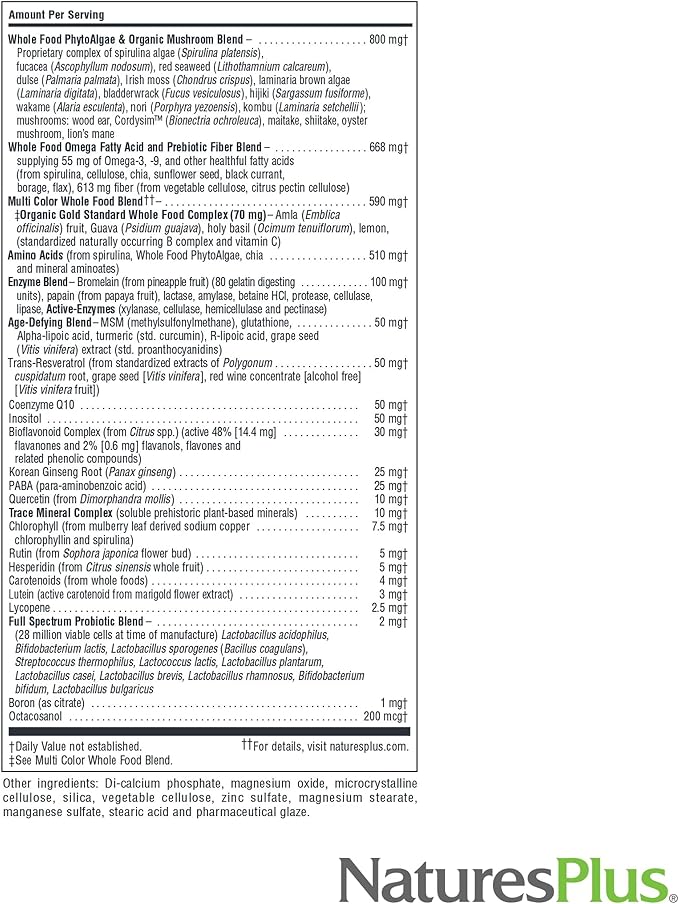 NaturesPlus Source of Life GOLD Multivitamin - 180 Tablets - Blood Support Bone Support Healthy Immune System - Includes Vitamins D3 B12 K2 &amp Over 120 Whole Food Nutrients - 60 Servings