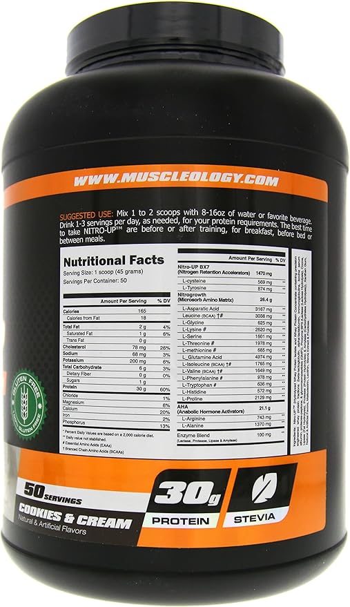 Muscleology Nitro-Up Hydrolyzed Whey Isolate Protein Infused with BCAAs EAAs and Digestive Enzymes (Cookies &amp Cream 5 Pound)