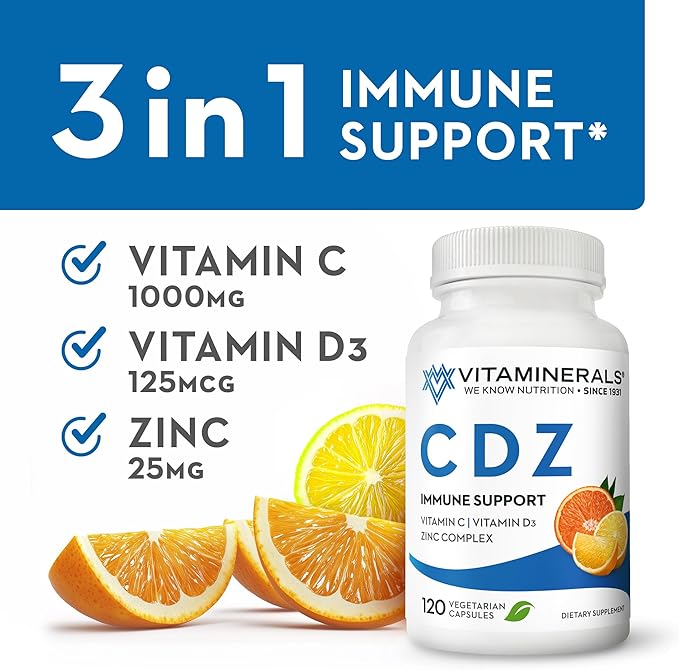 CDZ | Vitamin CDZ | Vitamin C 1000mg | Vitamin D3 125mcg | Zinc Complex 25mg Veggie Caps| 120 Servings