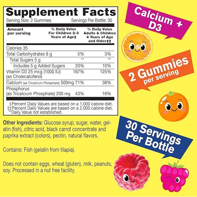 WellYeah Calcium 500mg + Vitamin D3 1000 IU (25 mcg) Gummies for Kids - Bone Health and Muscle Supprt Immune Support Gummy Non GMO Gluten Free Mix Fruit Flavors - 60 Gummies