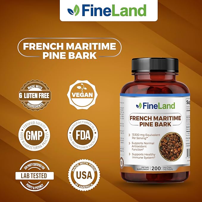 FineLand French Maritime Pine Bark 30:1 Extract Max Strength 450 mg Per Capsule Antioxidant 200 Veggie Caps of Pine Bark Supplement for 200 Days 100% Natural
