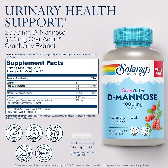 Solaray D-Mannose 1000mg with CranActin Cranberry Supplement 400mg Urinary Tract Health &amp Bladder Support Capsules with Vitamin C Vegan 60 Day Guarantee 75 Servings 150 VegCaps