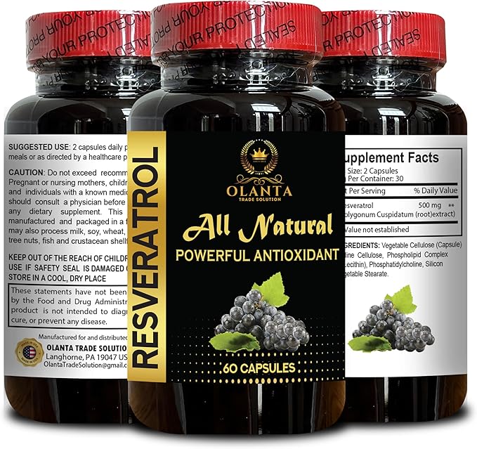 Trans-Resveratrol Capsules | Natural Antioxidant | Healthy Aging &amp Energy Support Formula | Joint &amp Mobility Support - 2 Bottles 120 Capsules