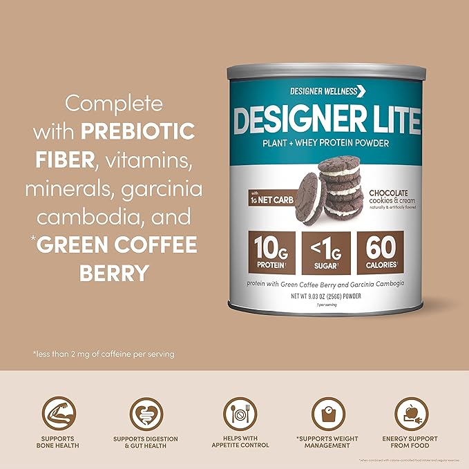 Designer Wellness Designer Lite Low Calorie Natural Protein Prebiotic Fiber Key Vitamins &amp Minerals Vanilla Cupcake and Chocolate Cookies &amp Cream Bundle