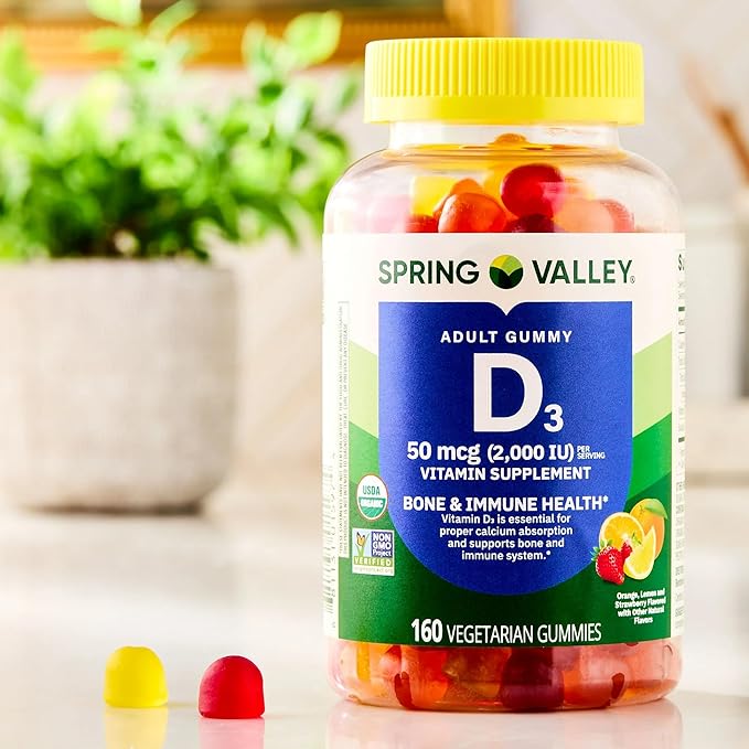 Spring Valley Vitamin D3 50mcg (2000 IU) - 160 Gummies - Bone &amp Immune Support - Assorted Fruit Flavors with SUREFECT Organizer.