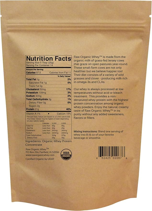 Raw Organic Whey Protein Powder Grass Fed Happy Healthy Cows Undenatured Hormone Free Non-GMO Gluten Free Unflavored Unsweetened Protein 12 oz