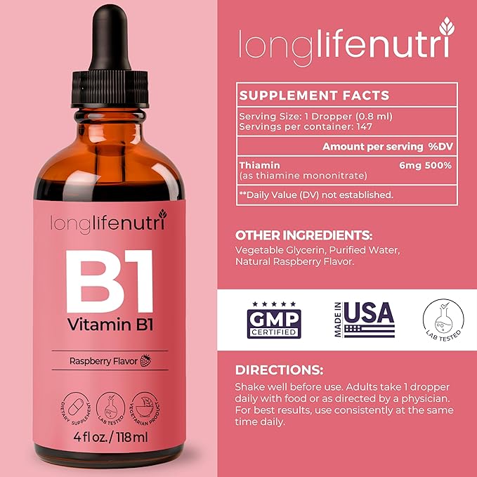 LongLifeNutri Vitamin B1 Liquid Drops - Thiamine Mononitrate Organic Supplement for Energy and Nerve Health Fast Absorption 4 FL OZ 5-Month Supply Lab Tested Made in USA