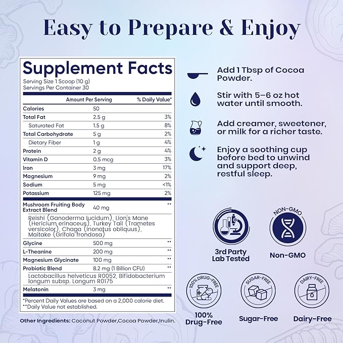 Mushroom Hot Cocoa Powder with Magnesium Glycinate Natural Sleep Aid with Reishi &amp L-Theanine for Adults 12 Superfoods Melatonin 3mg Unsweetened Hot Chocolate Drink Mix for Sleep 30 Servings