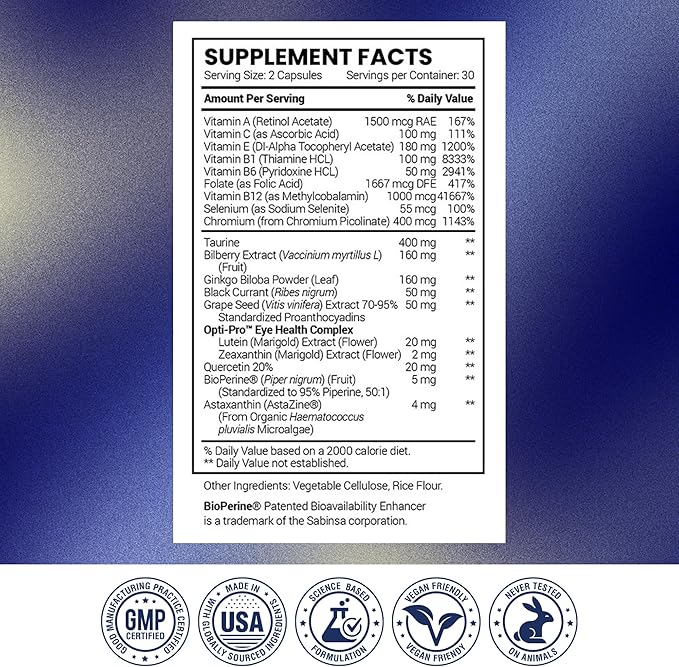Research Verified Eye Health - Nourish and Protect Eyes and Vision Support Healthy Retina Improve Blood Supply to Eyes - Vitamins A B C and E - 60 Capsules - Made in the USA