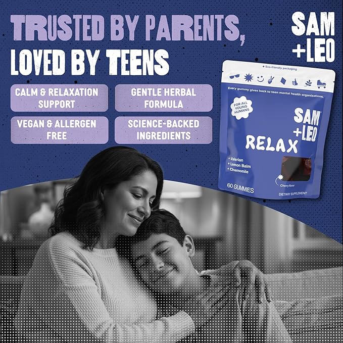 SAM+LEO Relax Gummies with Valerian Lemon Balm &amp Chamomile for Kids &amp Teens – Stress Relief &amp Relaxation Support – Vegan &amp Gluten Free Cherry Flavor (60 Count)