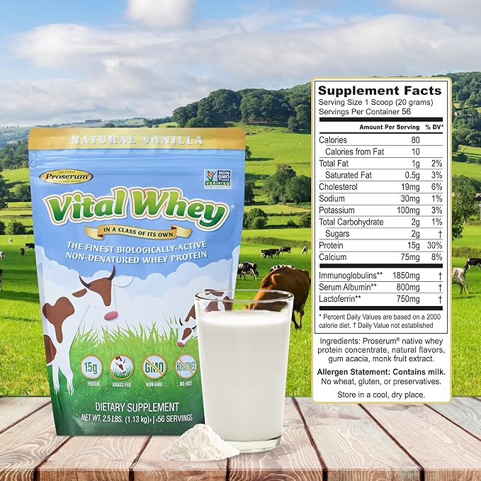 Grass-Fed Whey Protein Powder for Immune Vitality Natural Vanilla 600g (30 Servings) 15g Protein Per Serve Vital Whey Clean Holistic Wellness Nutrition