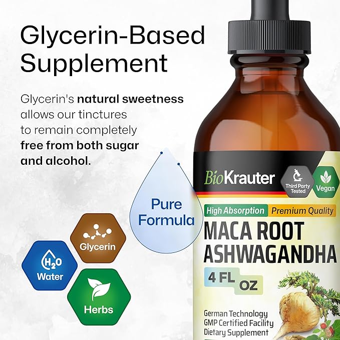 BIO KRAUTER Maca Root and Ashwagandha Tincture - Maca &amp Ashwagandha Supplements for Men &amp Women - Adaptogenic Liquid Supplement for Mood Support - Alcohol and Sugar Free Vegan Drops 4 Fl.Oz.
