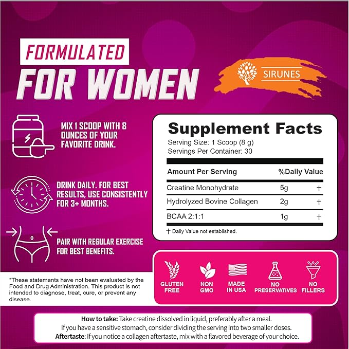 SIRUNES SRUNES Creatine and Collagen for Women – 5g Creatine Monohydrate 2g Collagen Peptides 1g BCAA 2:1:1 – Unflavored Supplement Powder 30 Servings
