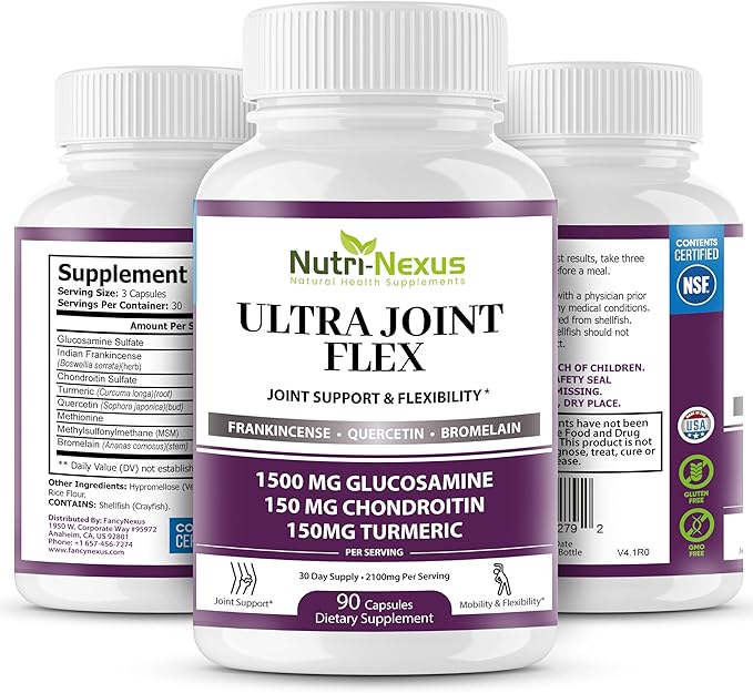 Joint Support Supplement with Glucosamine Chondroitin MSM Turmeric Boswellia - for Men and Women - Promotes Mobility Flexibility and Comfort - Made in USA - 90 Capsules