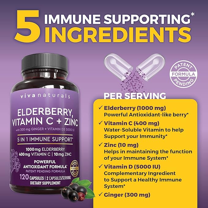 Viva Naturals Elderberry with Vitamin C and Zinc for Adults - 5 in 1 Sambucus Black Elderberry Capsules with Vitamin D3 5000 IU Immunity Supplement Sambucus Elderberry Immune Support Supplement