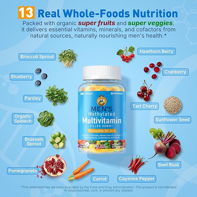 Methylated Multivitamin for Men Gummies Methylated B Complex D3 K2 Zinc Magnesium Whole Food Algae Omega 3 60 Count