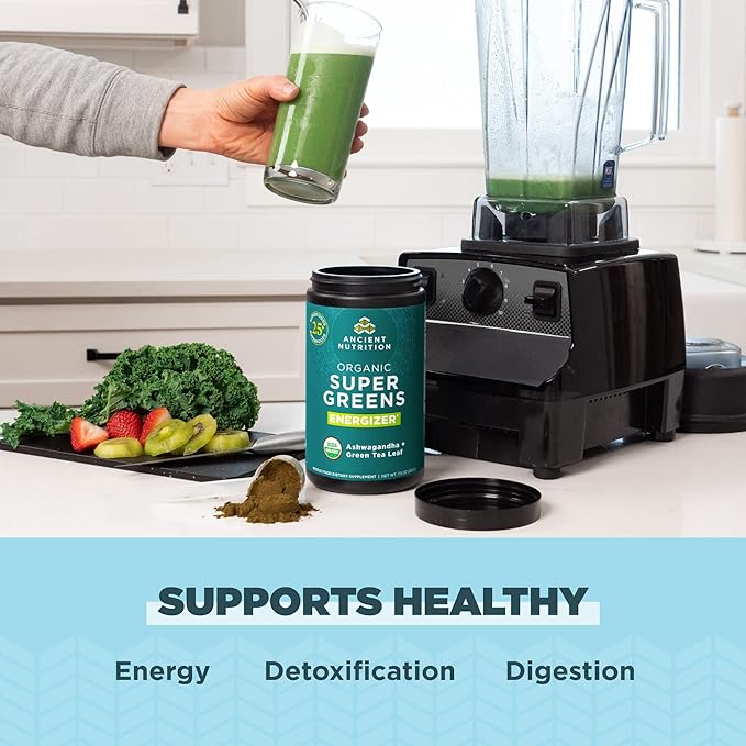 Ancient Nutrition Organic SuperGreens Energizer Powder with Probiotics and B12 Made from Real Fruits Vegetables and Herbs for Digestive Detoxification and Energy Support 25 Servings