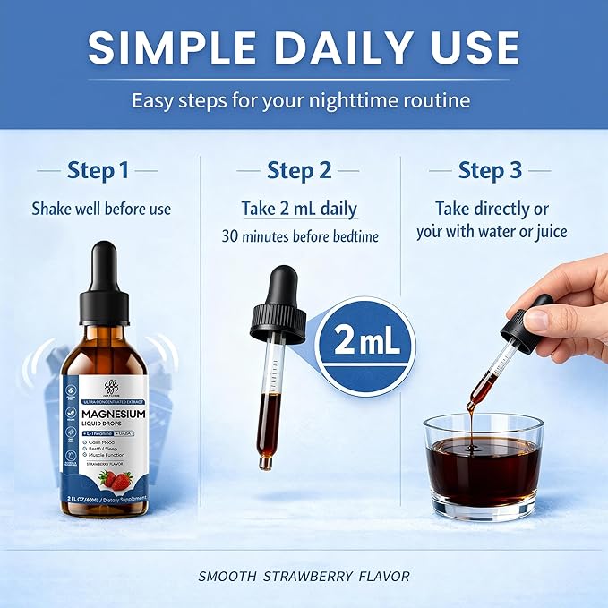 Sleep Support Liquid Magnesium Glycinate Drops for Nighttime Calm Triple Chelated Magnesium Complex with L-Theanine &amp GABA Pre-Dissolved Liquid for Enhanced Absorption Strawberry Flavor 2 Fl O