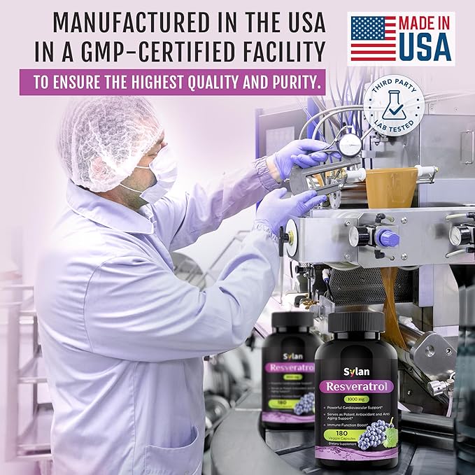SYLAN Resveratrol Supplement 1000mg 180 Veggie Capsules Antioxidant Supports Heart Joint Brain Immune Health &amp Anti-Aging Non-GMO Made in USA Resveratrol 500mg Powder per Capsul