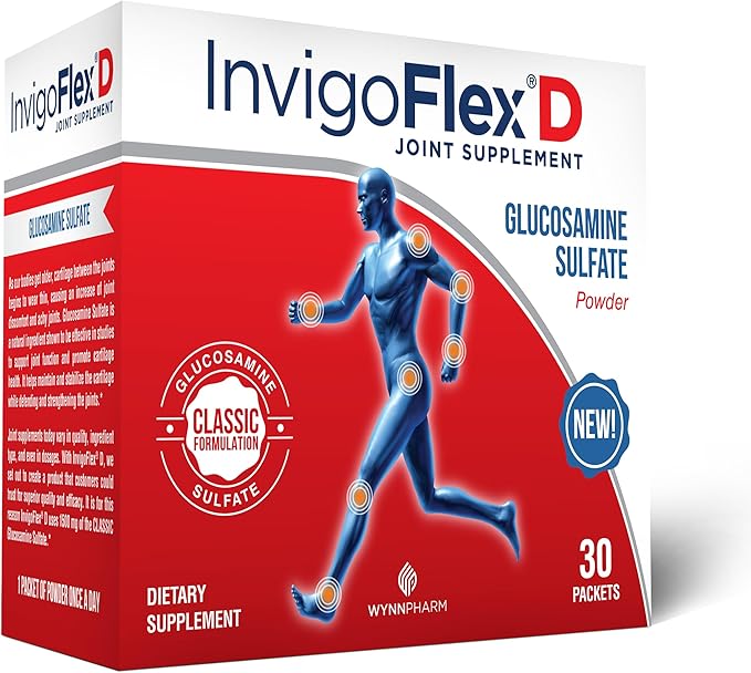 INVIGOFLEX® D - 1500mg of Glucosamine Sulfate Powder (Classic Formulation) - Premium Joint Supplement for Knees Hands Back and Hip Support Packets | 30 Packets