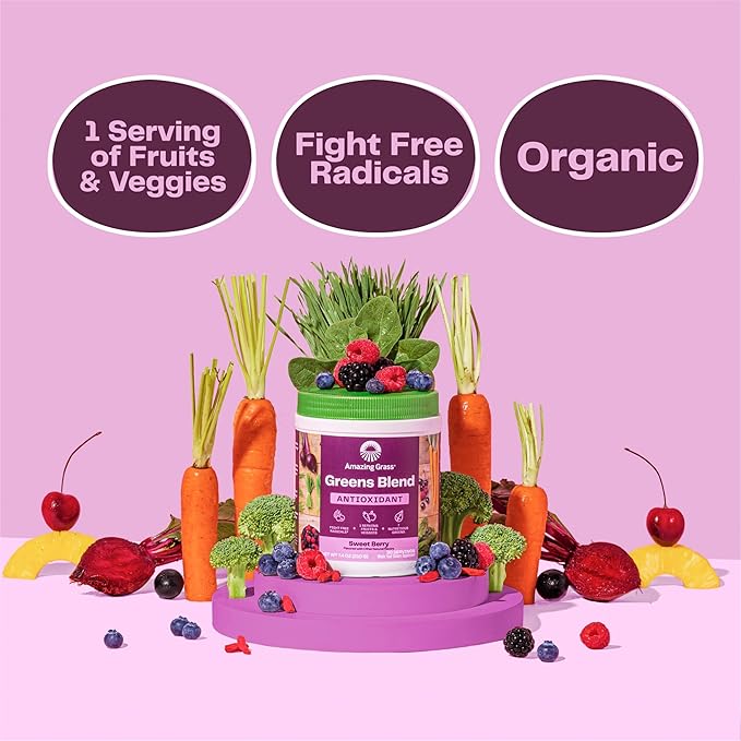 Amazing Grass Greens Superfood Antioxidant: Greens Powder with Organic Spirulina Beet Root Powder Elderberry &amp Probiotics Sweet Berry 60 Servings (Packaging May Vary)