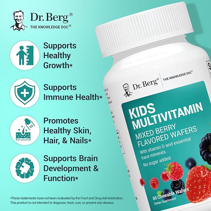 Dr. Berg Kids Chewable Multivitamins (NOT Sweetened w/Sugar) - Daily Multivitamin for Kids that Includes 20 Nutrients &amp Trace Mineral Complex - Mixed Berry Chewable Vitamins for Kid - Red Wafers
