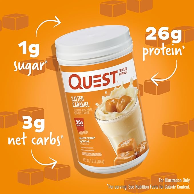 Quest Nutrition Vanilla Milkshake Protein Powder 24g of Protein 1g of Sugar 1.6 Pound 23 Servings &amp Salted Caramel Protein Powder 26g Protein 1g Sugar Low Carb Gluten Free