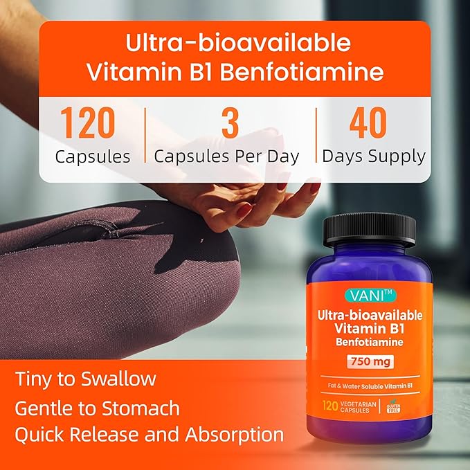 Mega Benfotiamine 750mg with Vitamin B-1 Highly Bioavailable Benfotiamine B1 Supplement Derivative to Support Overall Health* Gluten-Free 120 Capsules (2)