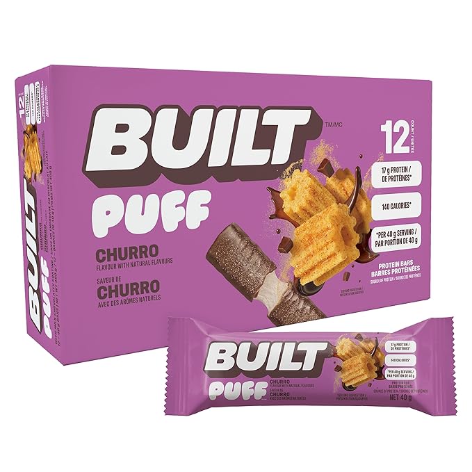 BUILT Bar Puff Protein Bars - Churro - 17g Protein Snack Bars with Collagen - Calorie Conscious &amp Gluten Free - 12 Count