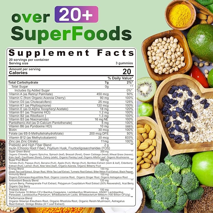 Super Greens Gummies Greens Superfood Powder Alternative w/Spirulina Chlorella Prebiotic Fiber Probiotic Fruit Veggie Daily Greens Vegetable for Digestive &amp Gut Health Immunity Focus 60 C