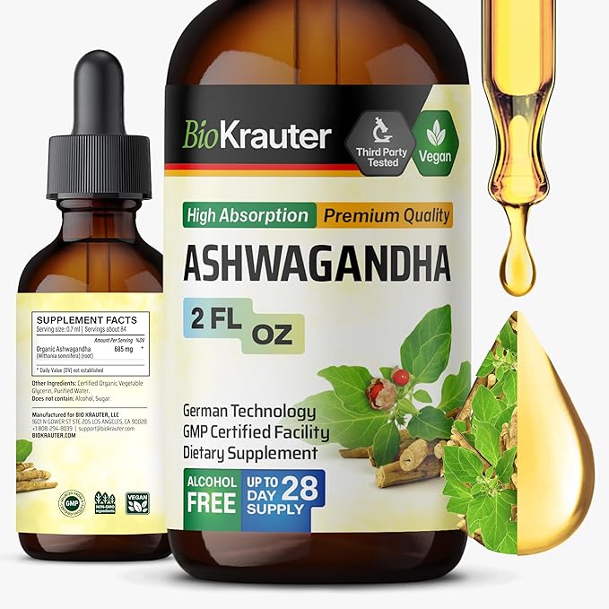 BIO KRAUTER® Ashwagandha Supplements - Liquid Drops Pure Vegan Ashwagandha for Women &amp Men 685 mg per Serving 2 Fl.Oz 28-Day Supply - Used for Mood Magic &amp Relaxation Support - Alcohol &amp S