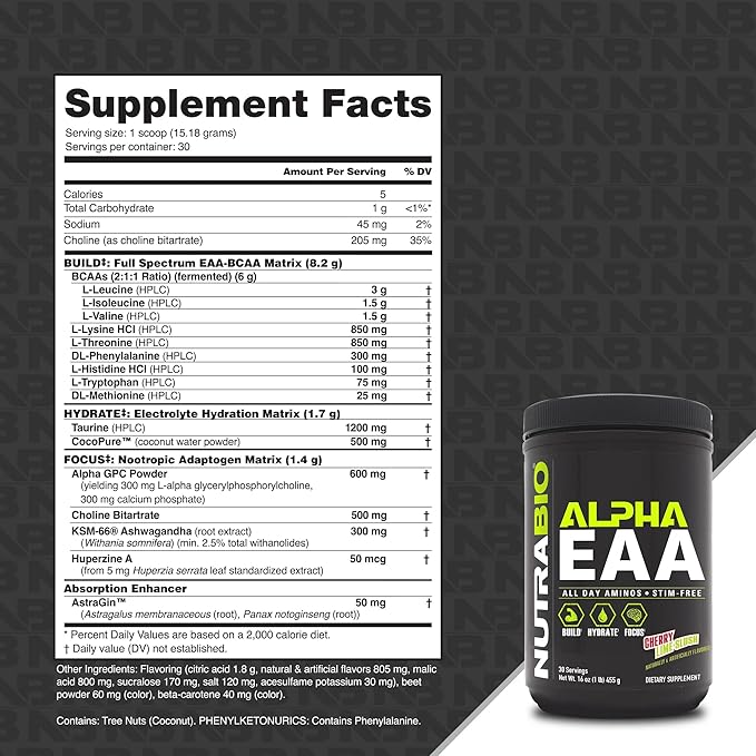NutraBio Alpha EAA - All-Day Amino Acids for Muscle Growth and Hydration - Essential Amino Acids with Nootropics &amp Adaptogens- Full Spectrum EAA BCAA Powder - 30 Servings - Cherry Lime Slush
