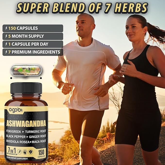 Ashwagandha Extract Capsules 7 Herbal Ingredients 8050 mg - Blended Fenugreek Maca Turmeric Rhodiola Ginger &amp Black Pepper - Sleep Spirit Immune &amp Energy Support - 5-Month Supply