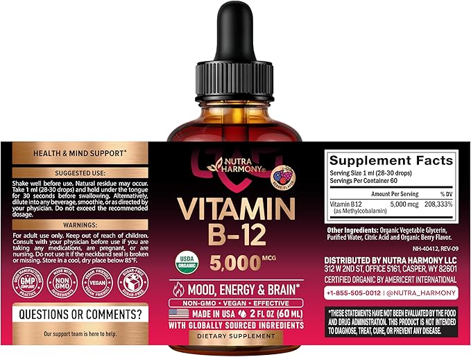 USDA Organic Vitamin B12 Sublingual Drops - 5000 mcg Liquid Vegan Methylcobalamin for Women &amp Men - Energy Boost Focus &amp Mood Brain Health Support - Maximize Absorption - 2 Month Supply 2 f