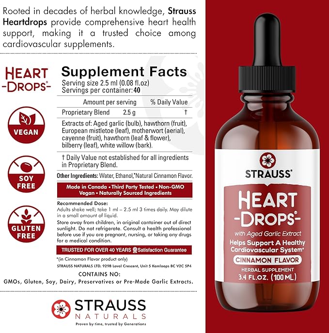 Strauss Naturals Heart Drops – Heart Health Supplements w/Garlic Supplements &amp Premium Aged Garlic Extract to Help Maintain a Healthy Cardiovascular System - Vegan &amp Non-GMO – Cinnamon 100ml