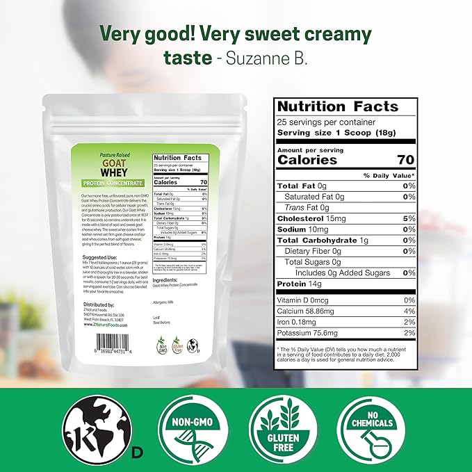 Z Natural Foods Goat Whey Protein Powder Concentrate - Undenatured Unflavored Pasture Raised Whey - Clean Goat Protein Powder with Vital Proteins for Weight Management Immune Support Fitness 1 lb