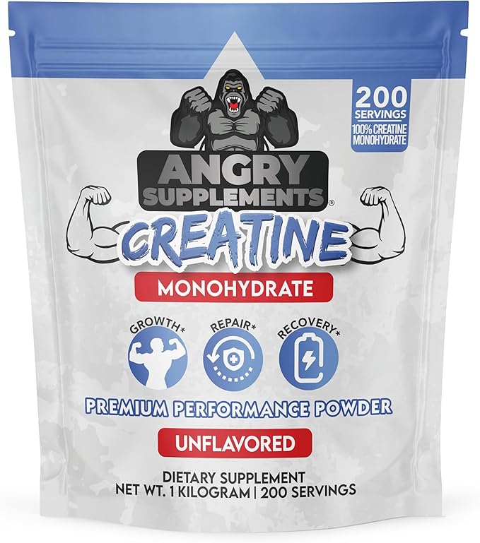 Angry Supplements Creatine Monohydrate 200 Mesh Premium Performance Unflavored Powder - Pure Muscle Fuel for Strength and Workout Endurance for Men and Women (1 Kilo 200 Servings)