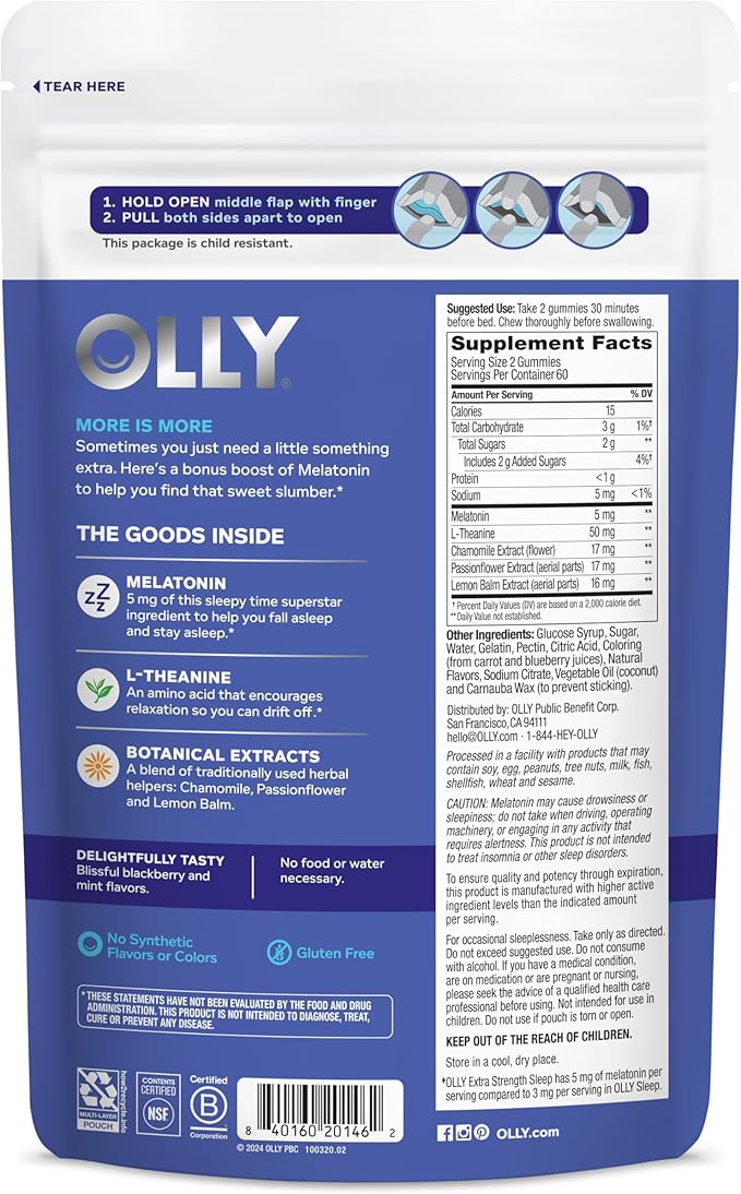 OLLY Extra Strength Sleep Gummy 5 mg Melatonin L-Theanine Chamomile Lemon Balm Extracts Sleep Aid BlackBerry Flavor - 120 Count