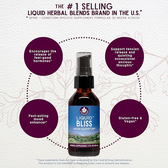 WishGarden Herbs Liquid Bliss Mood Elevator - Plant-Based Herbal Mood Support Supplement Natural Mood Booster with Organic Cacao Cotton Root Passionflower Increases Sense of Connection 2oz